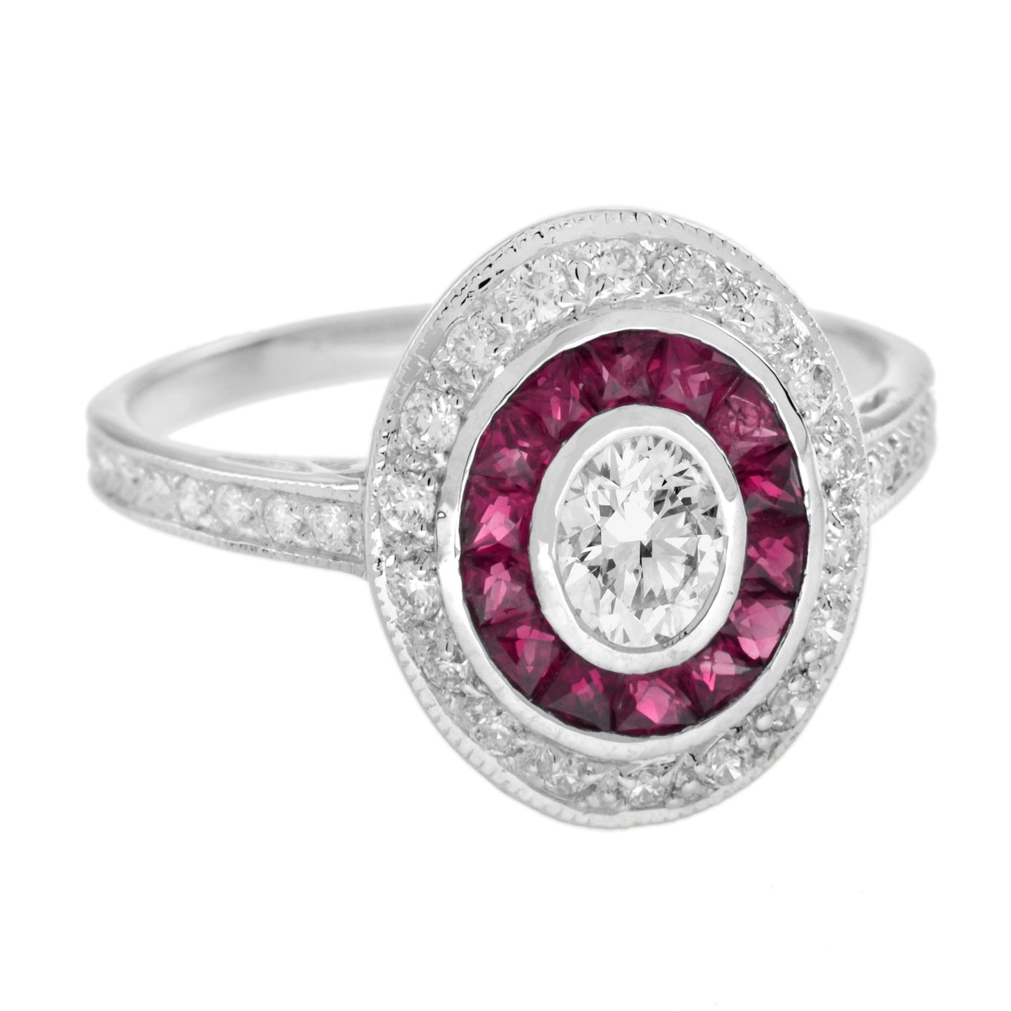 diamond & ruby art deco style halo set vintage inspired 14k white gold ring