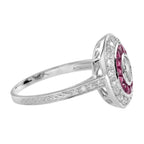 Diamond & Ruby Art Deco Style Halo Set Vintage Inspired 14K White Gold Ring