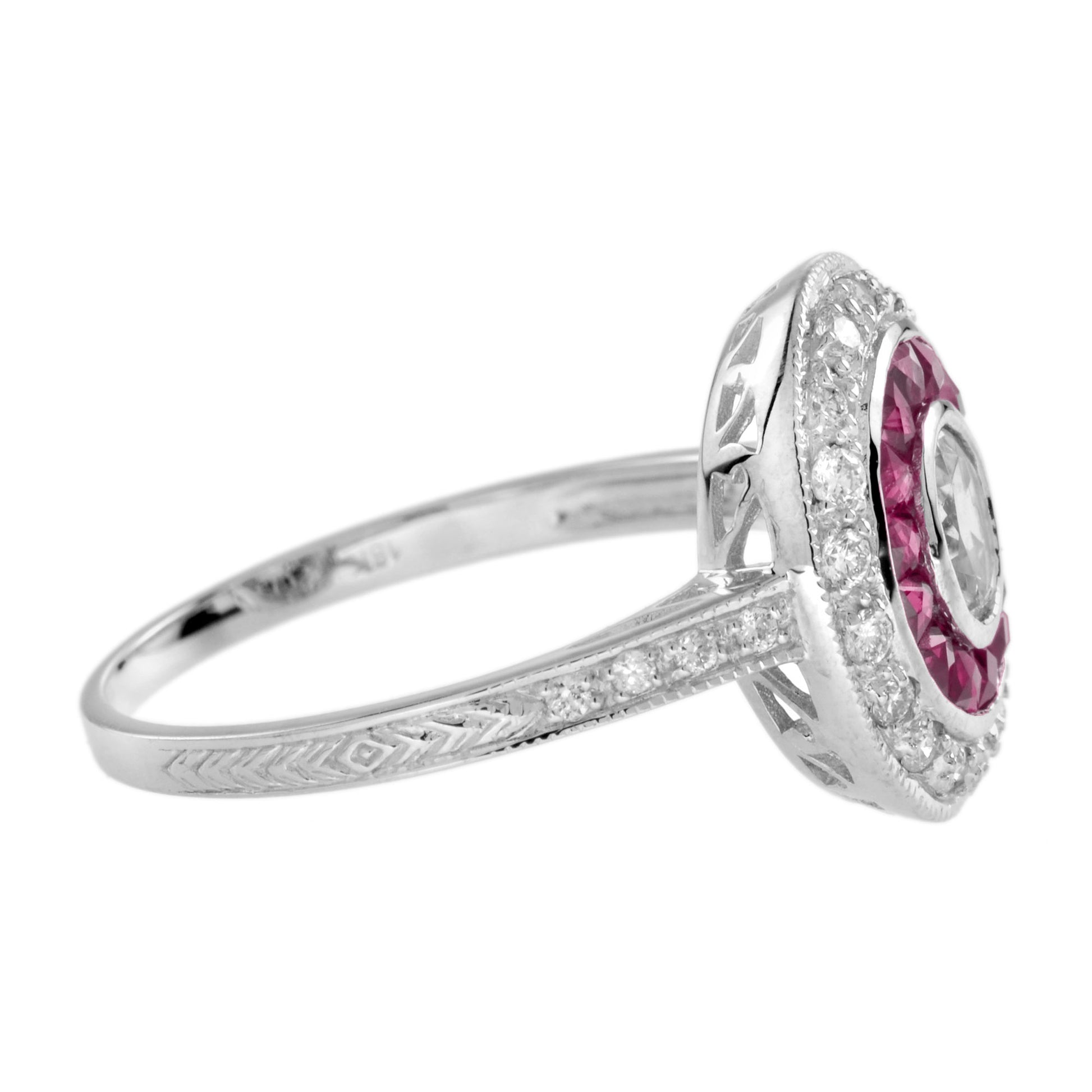Diamond & Ruby Art Deco Style Halo Set Vintage Inspired 14K White Gold Ring