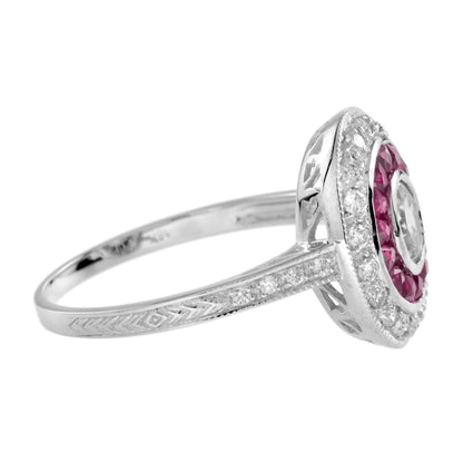 Diamond & Ruby Art Deco Style Halo Set Vintage Inspired 14K White Gold Ring