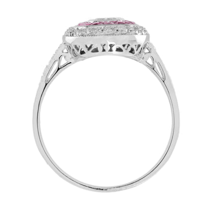 Diamond & Ruby Art Deco Style Halo Set Vintage Inspired 14K White Gold Ring