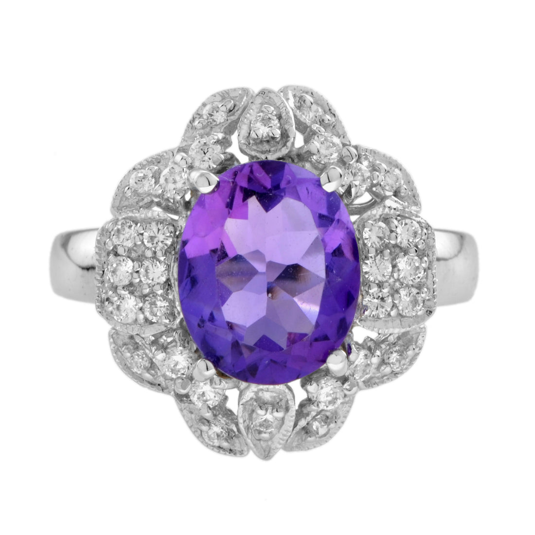 Oval Shape Purple Violet Amethyst & Diamond Halo Set 14K White Gold Vintage Ring