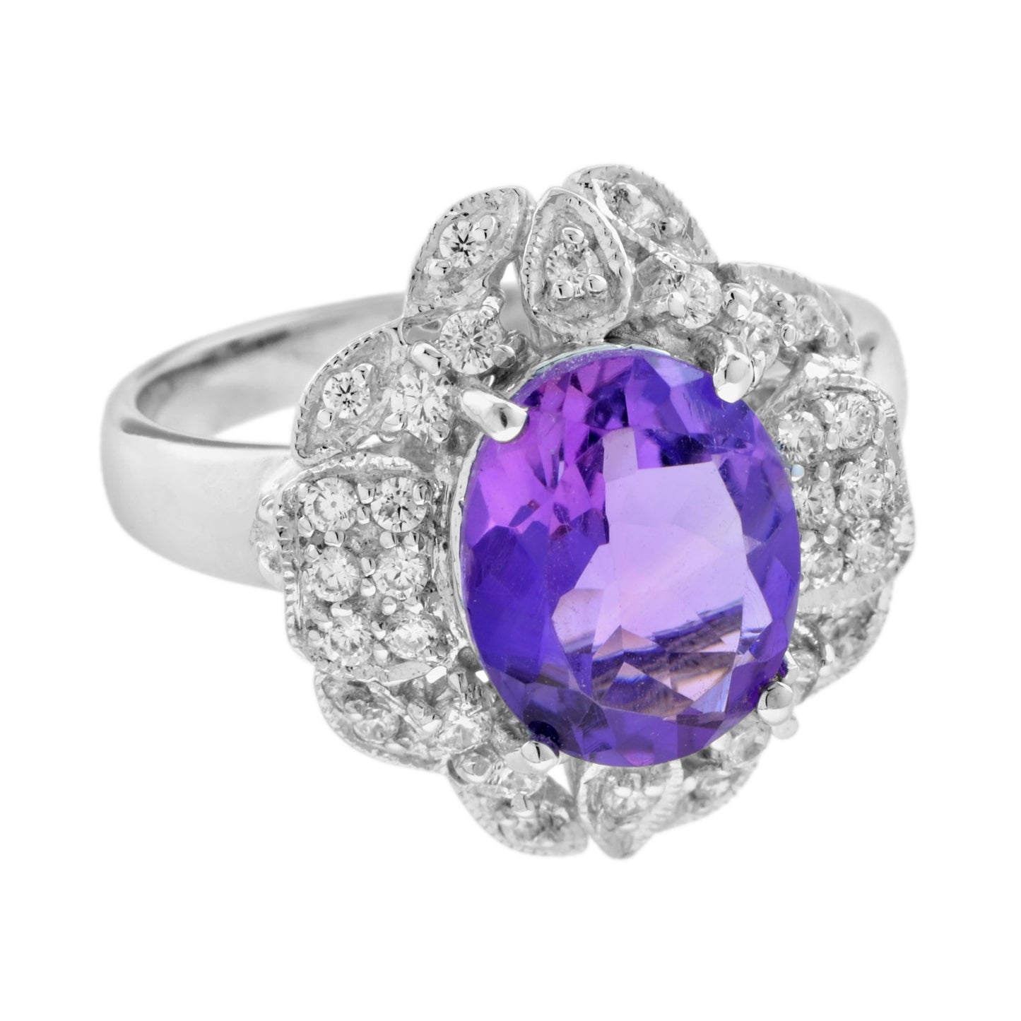 oval shape purple violet amethyst & diamond halo set 14k white gold vintage ring