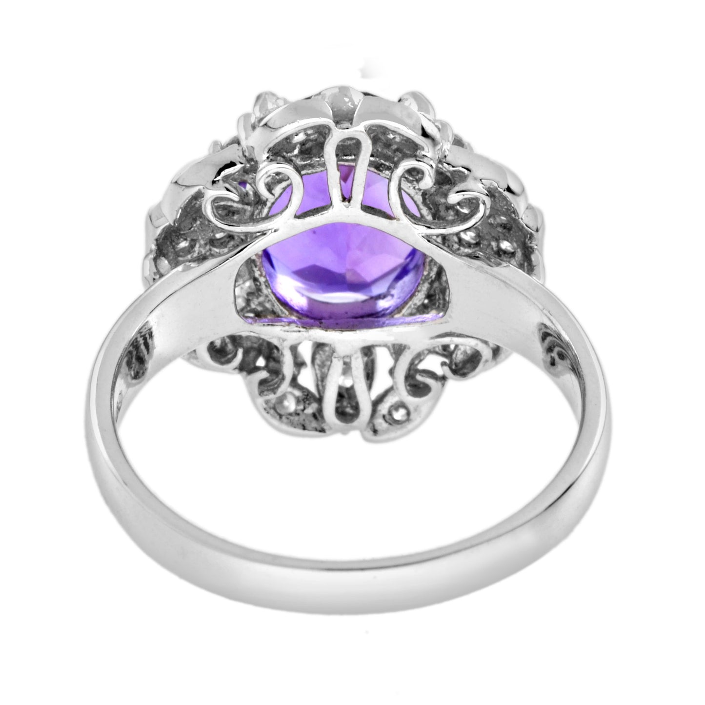 oval shape purple violet amethyst & diamond halo set 14k white gold vintage ring