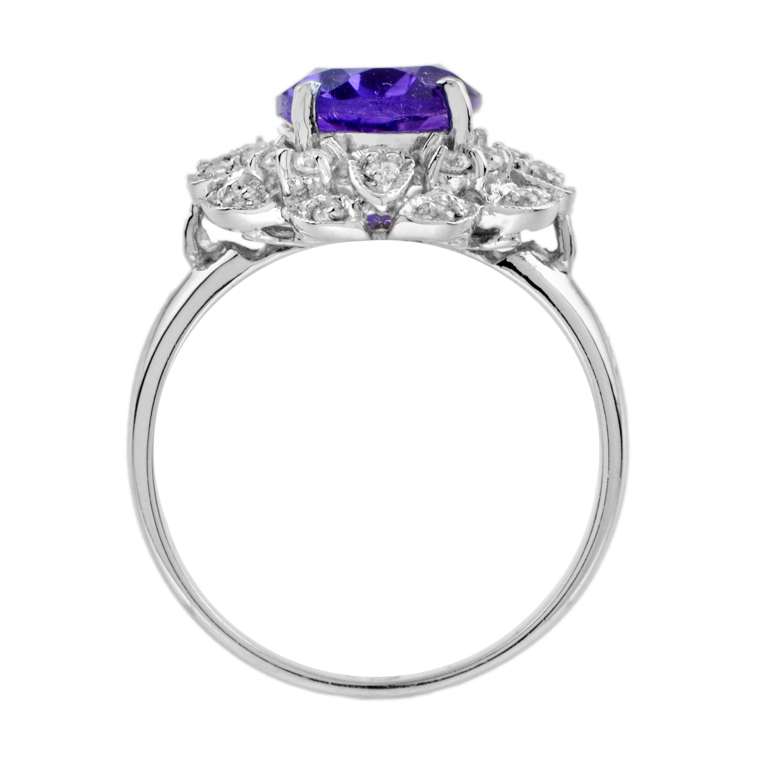 Oval Shape Purple Violet Amethyst &amp; Diamond Halo Set 14K White Gold Vintage Ring