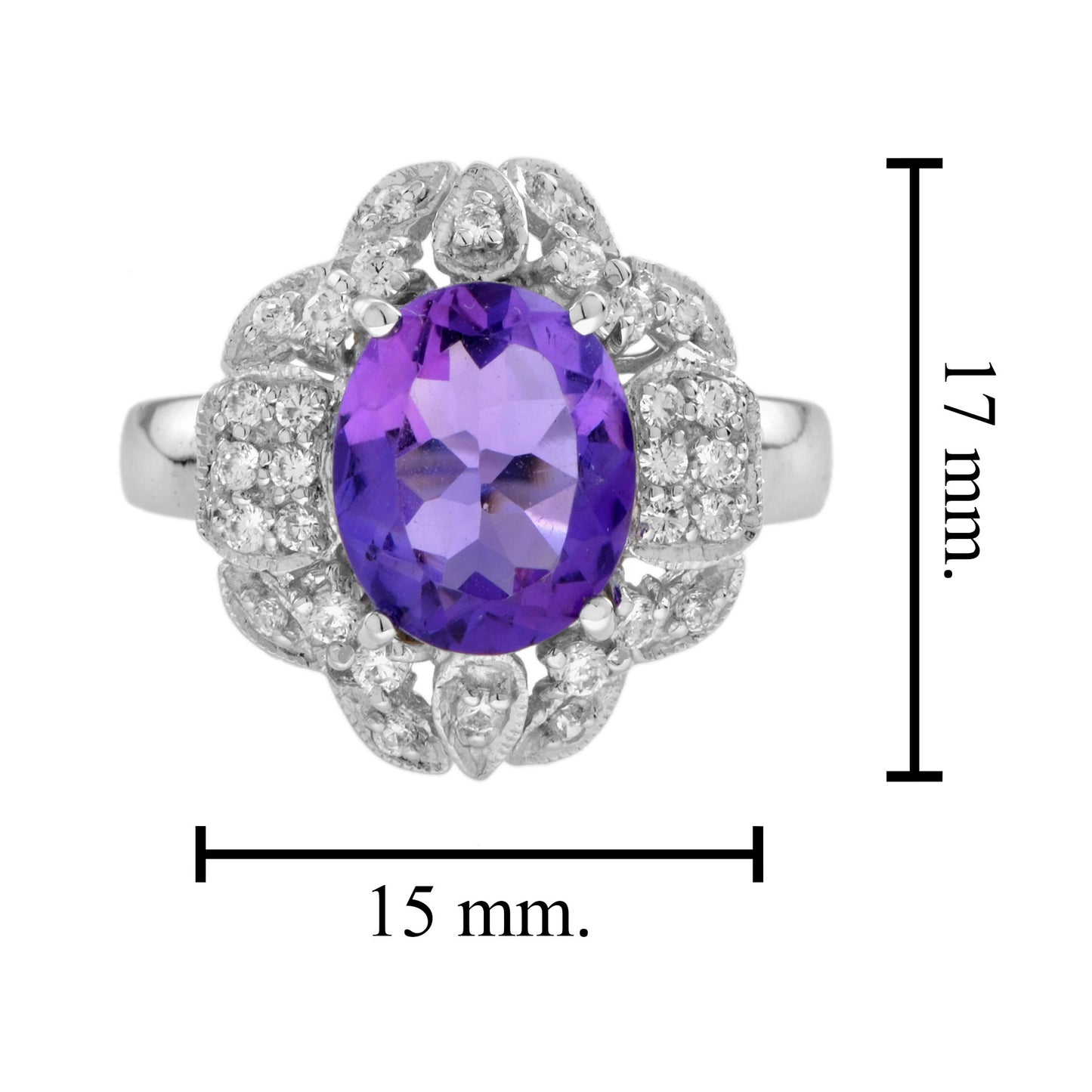 oval shape purple violet amethyst & diamond halo set 14k white gold vintage ring