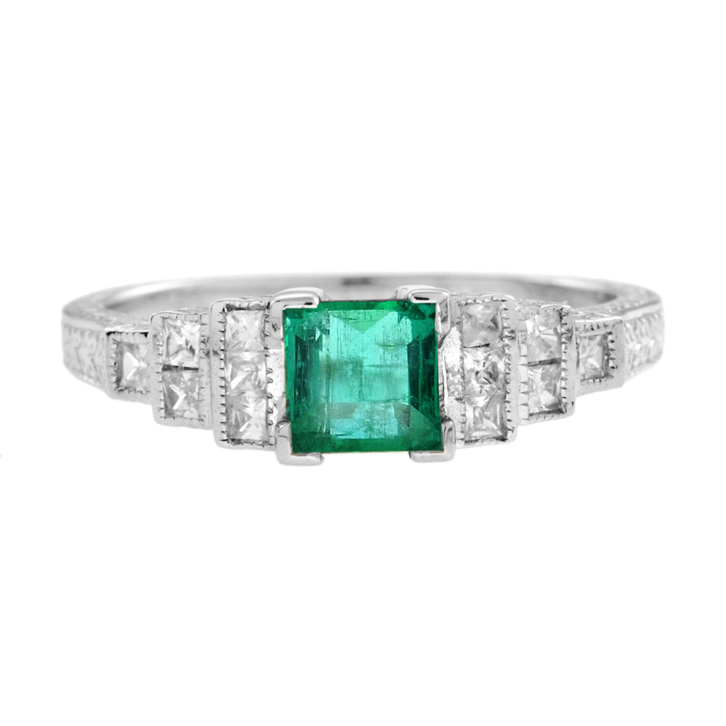 Art Deco Style Square Green Emerald with Diamond Steps 18K White Gold Ring