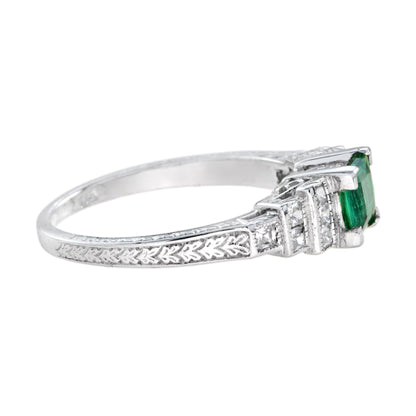 Art Deco Style Square Green Emerald with Diamond Steps 18K White Gold Ring