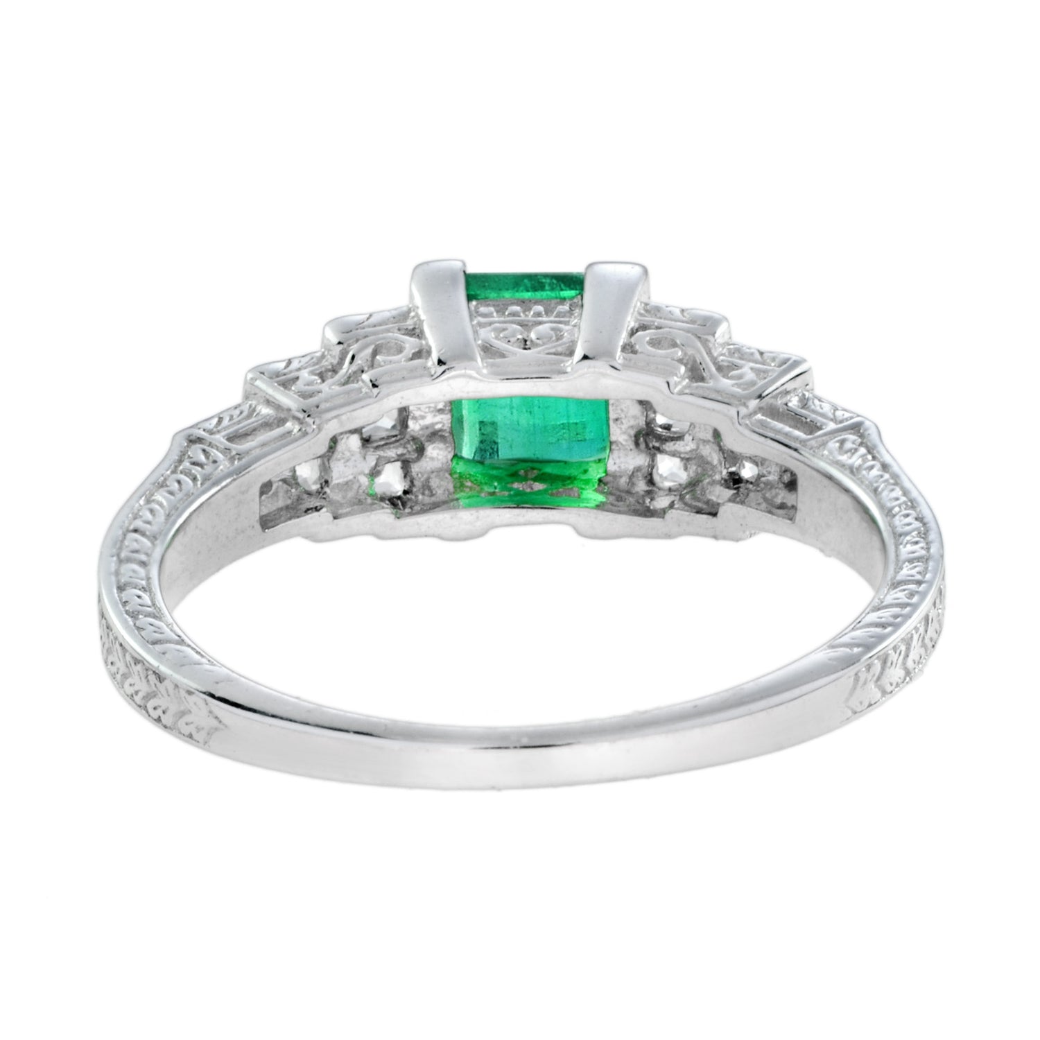 Art Deco Style Square Green Emerald with Diamond Steps 18K White Gold Ring