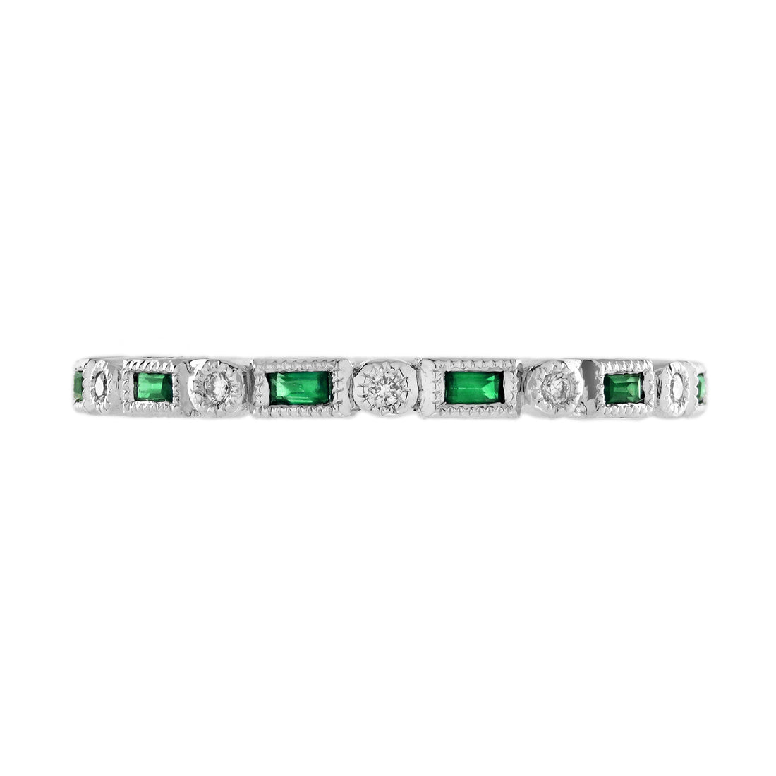 Baguette Emerald &amp; Diamond Vintage Inspired Art Deco Style Thin White Band Ring