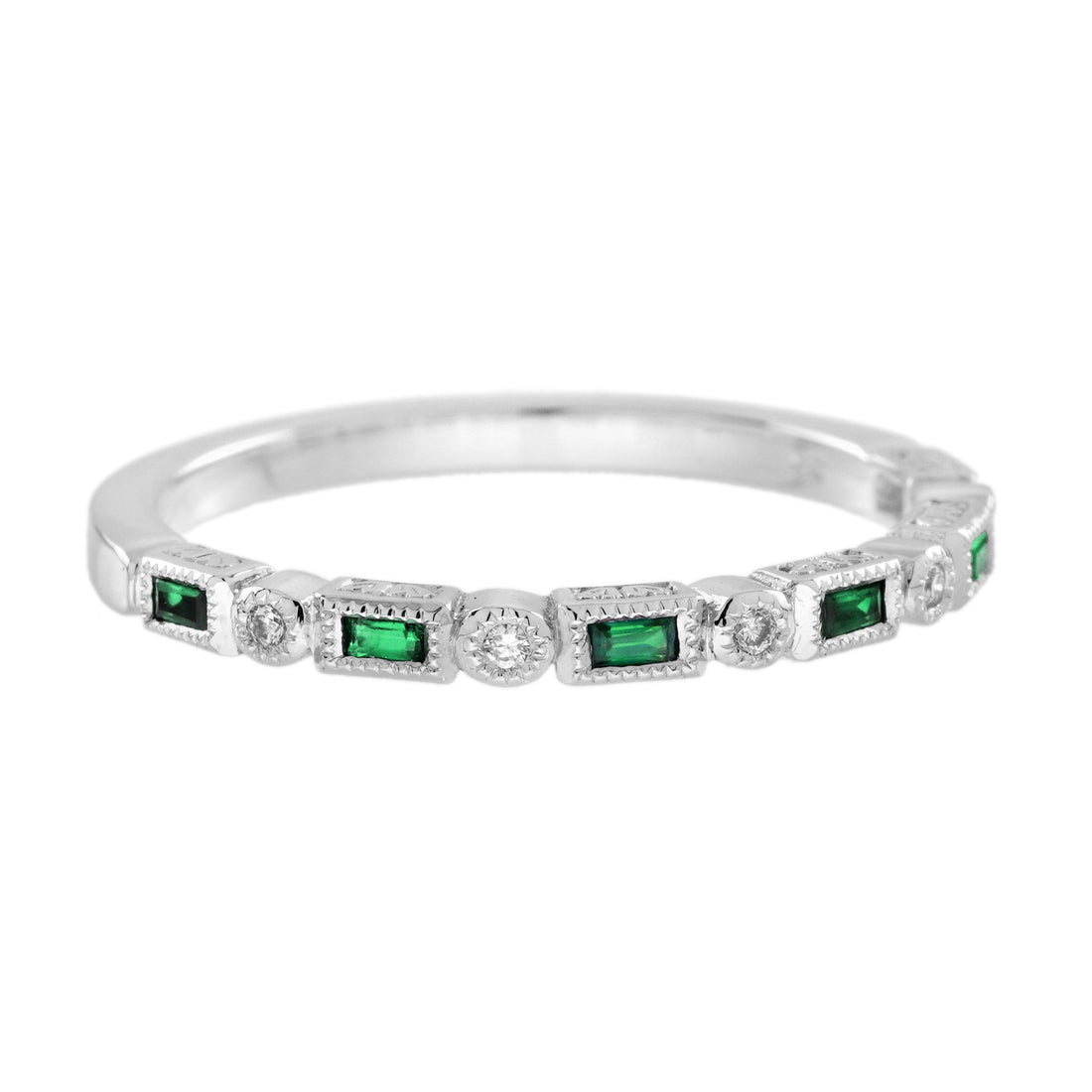 Baguette Emerald & Diamond Vintage Inspired Art Deco Style Thin White Band Ring