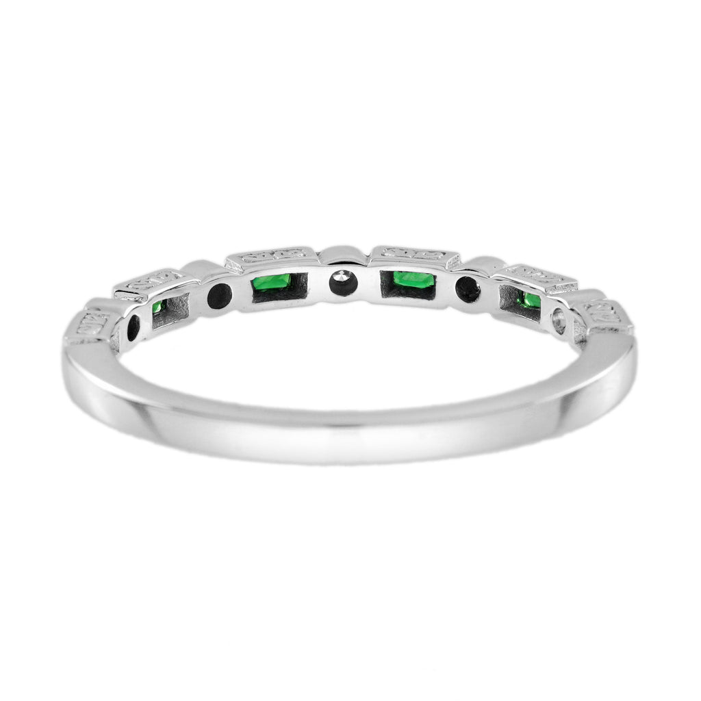 Baguette Emerald & Diamond Vintage Inspired Art Deco Style Thin White Band Ring