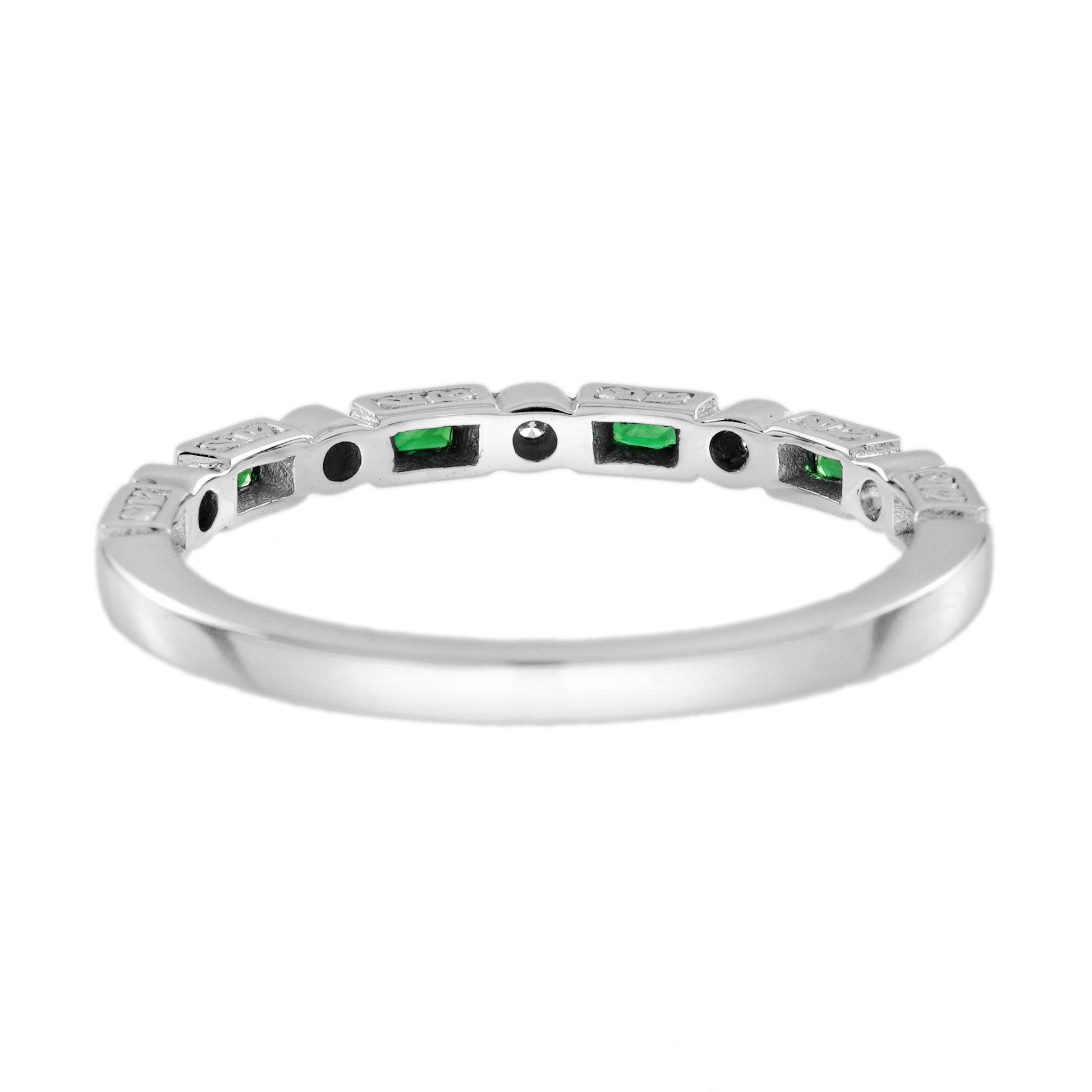 Baguette Emerald & Diamond Vintage Inspired Art Deco Style Thin White Band Ring