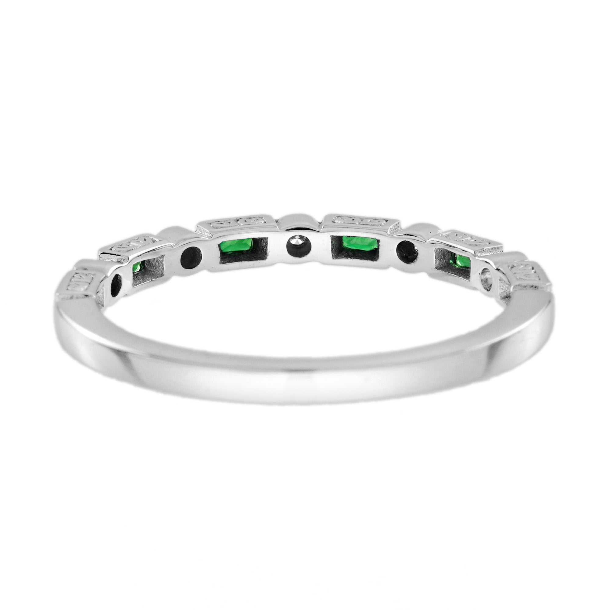 Baguette Emerald &amp; Diamond Vintage Inspired Art Deco Style Thin White Band Ring