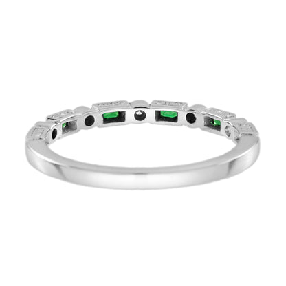 Baguette Emerald & Diamond Vintage Inspired Art Deco Style Thin White Band Ring