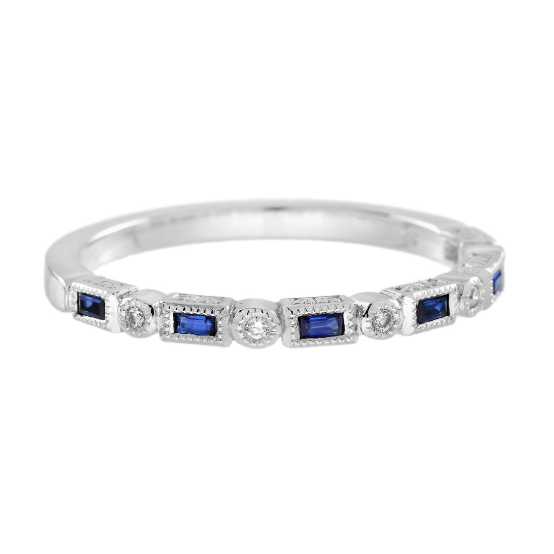 Blue Sapphire &amp; Diamond Art Deco Style Band 14K White Gold Ring