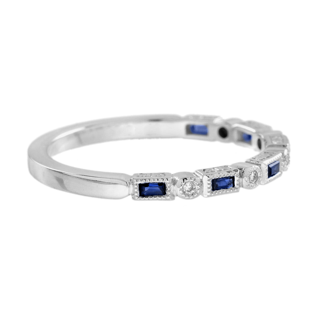 Blue Sapphire &amp; Diamond Art Deco Style Band 14K White Gold Ring