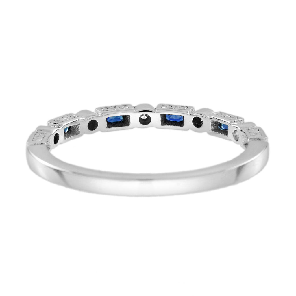 Blue Sapphire & Diamond Art Deco Style Band 14K White Gold Ring