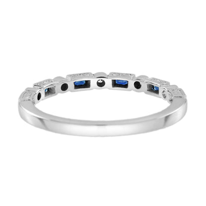 Blue Sapphire &amp; Diamond Art Deco Style Band 14K White Gold Ring