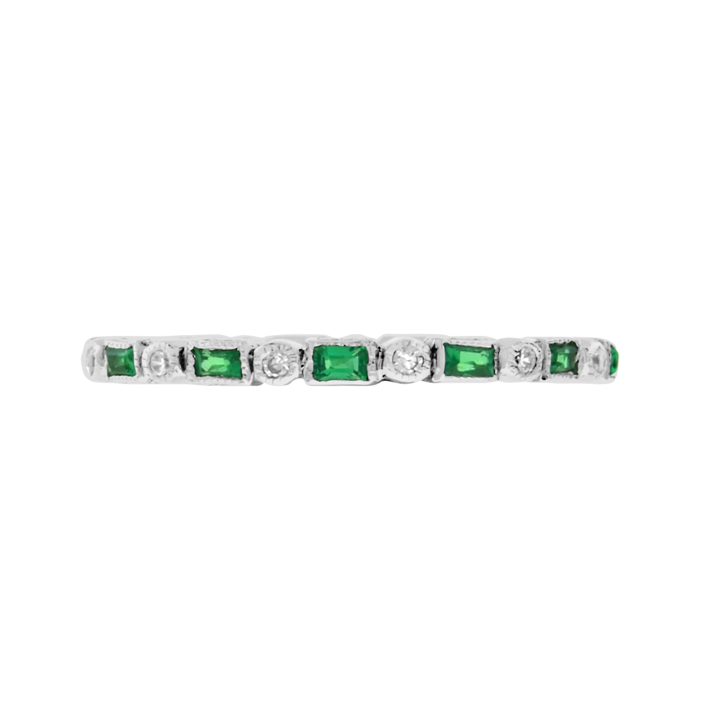 art deco alternate green emerald & diamond eternity band 14k white gold ring