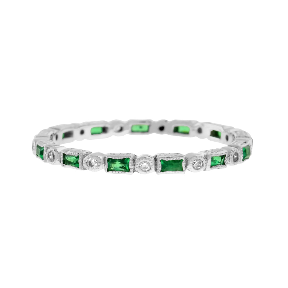 Art Deco Alternate Green Emerald & Diamond Eternity Band 14K White Gold Ring