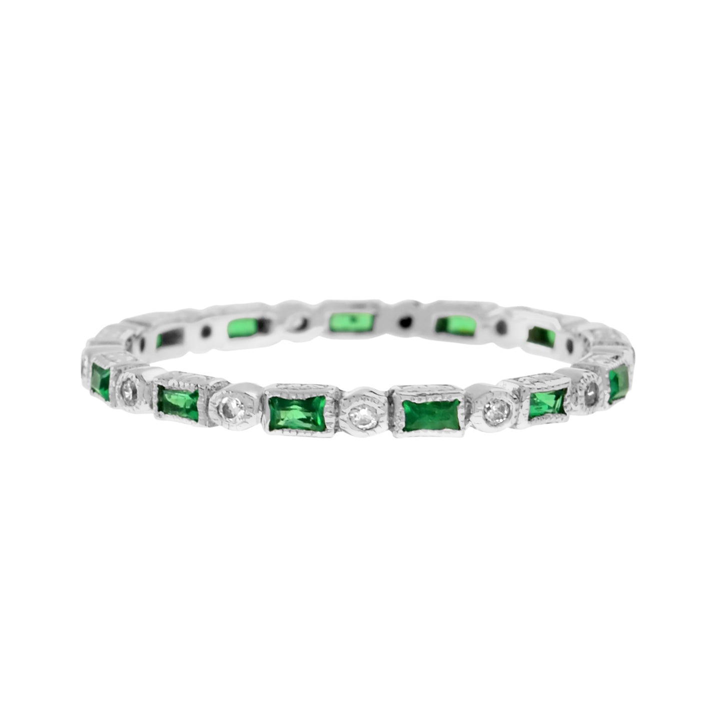 art deco alternate green emerald & diamond eternity band 14k white gold ring
