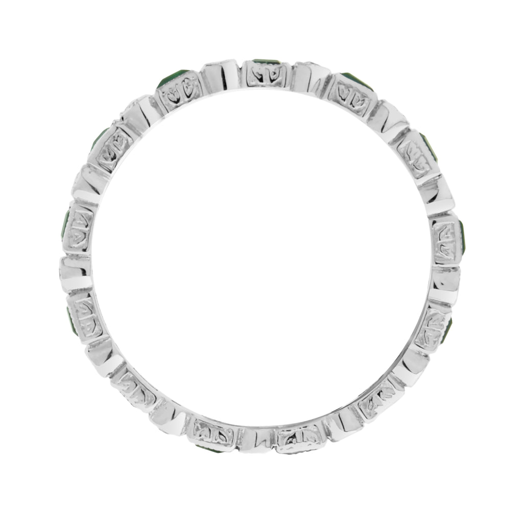 Art Deco Alternate Green Emerald & Diamond Eternity Band 14K White Gold Ring