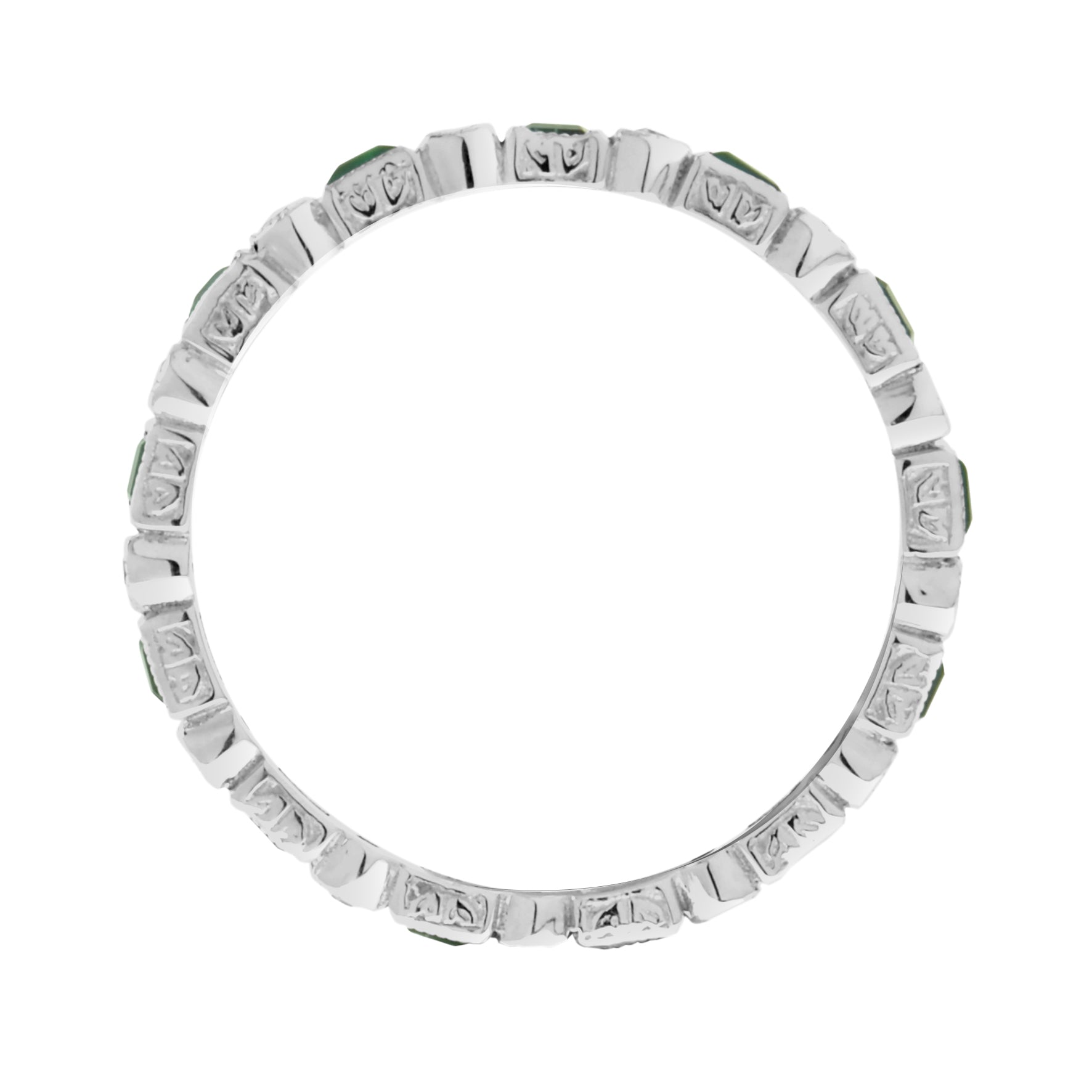 Art Deco Alternate Green Emerald & Diamond Eternity Band 14K White Gold Ring