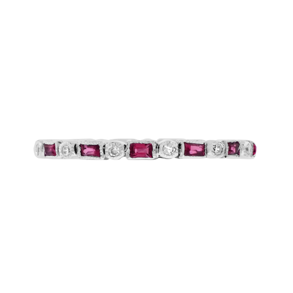 Art Deco Alternate Red Pink Ruby & Diamond Eternity Band 14K White Gold Ring