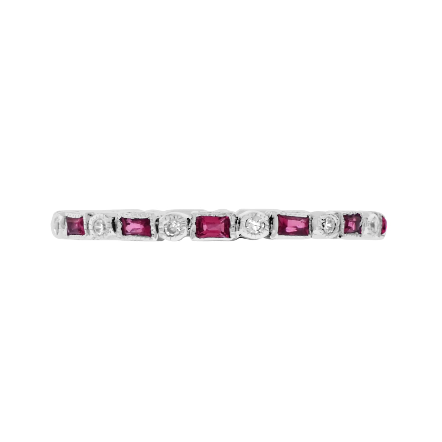 Art Deco Alternate Red Pink Ruby &amp; Diamond Eternity Band 14K White Gold Ring