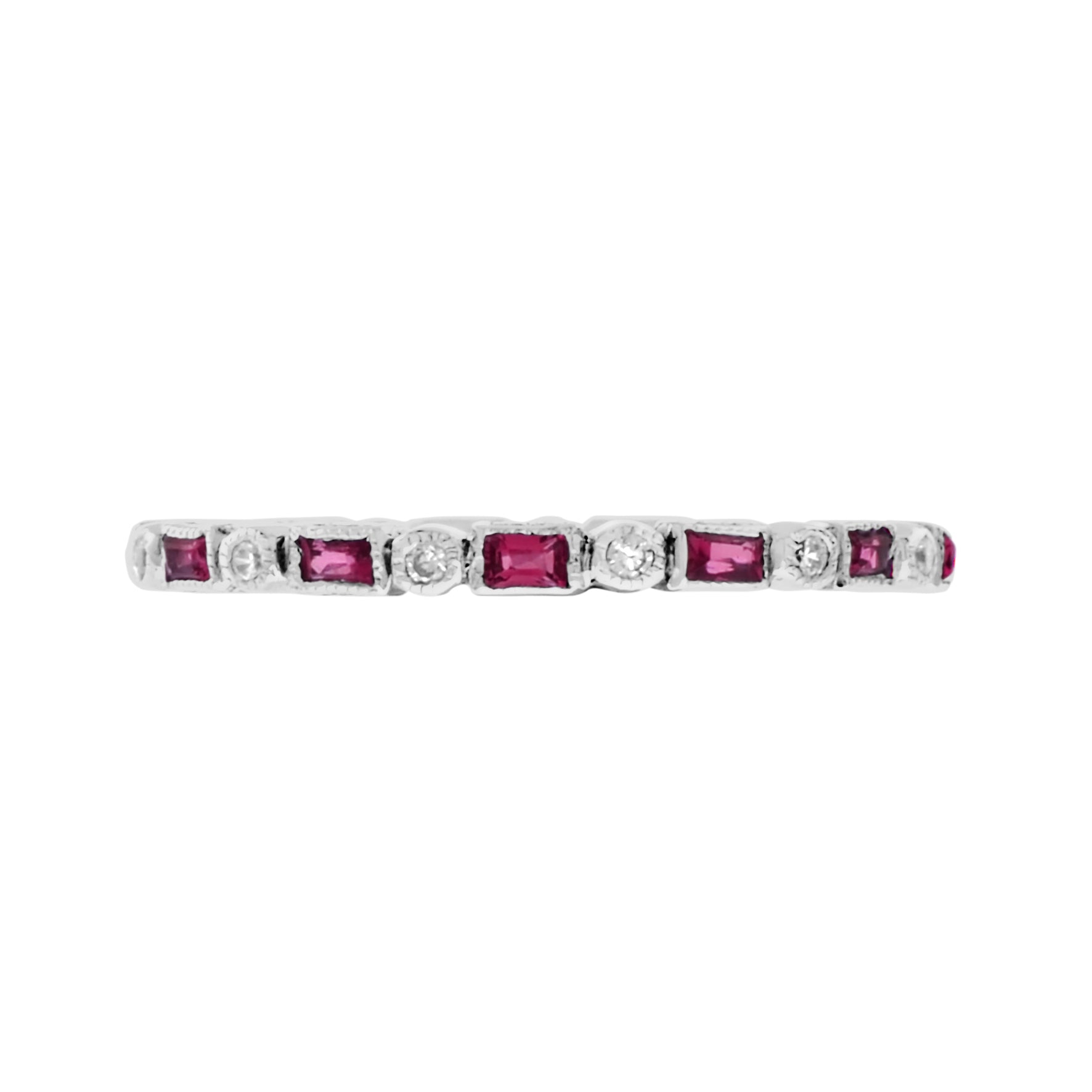 Art Deco Alternate Red Pink Ruby & Diamond Eternity Band 14K White Gold Ring