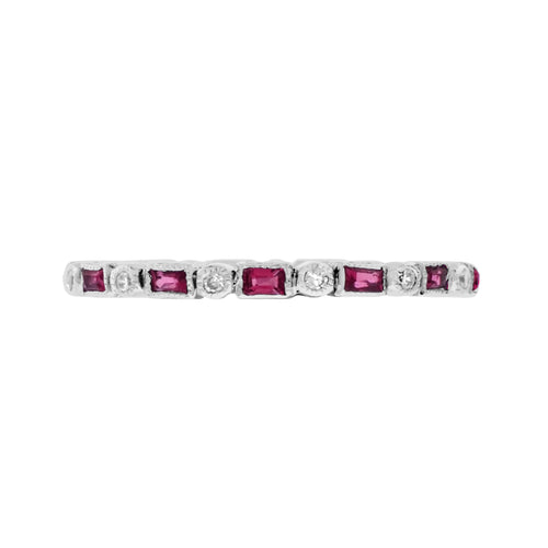 Art Deco Alternate Red Pink Ruby & Diamond Eternity Band 14K White Gold Ring