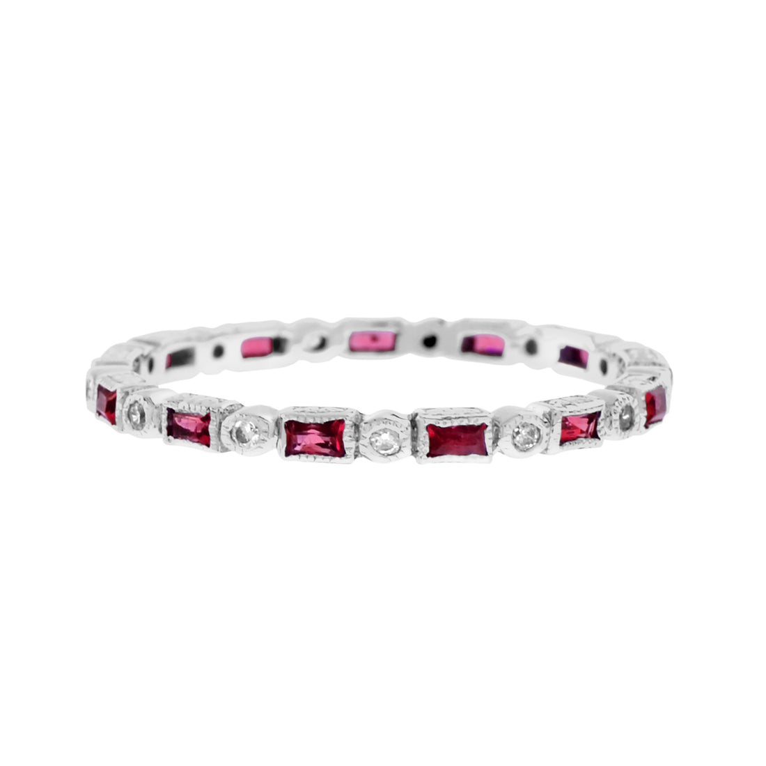 Art Deco Alternate Red Pink Ruby & Diamond Eternity Band 14K White Gold Ring