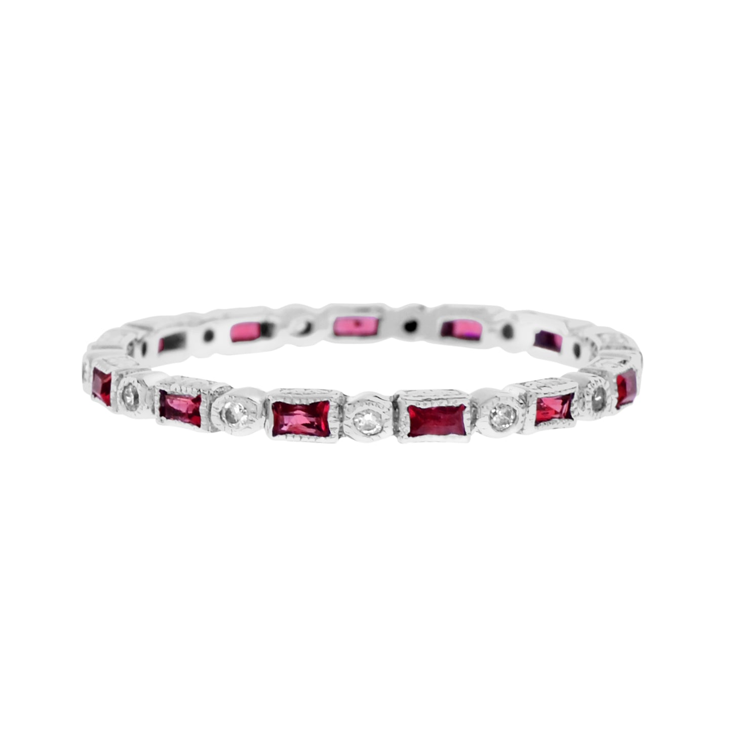 art deco alternate red pink ruby & diamond eternity band 14k white gold ring