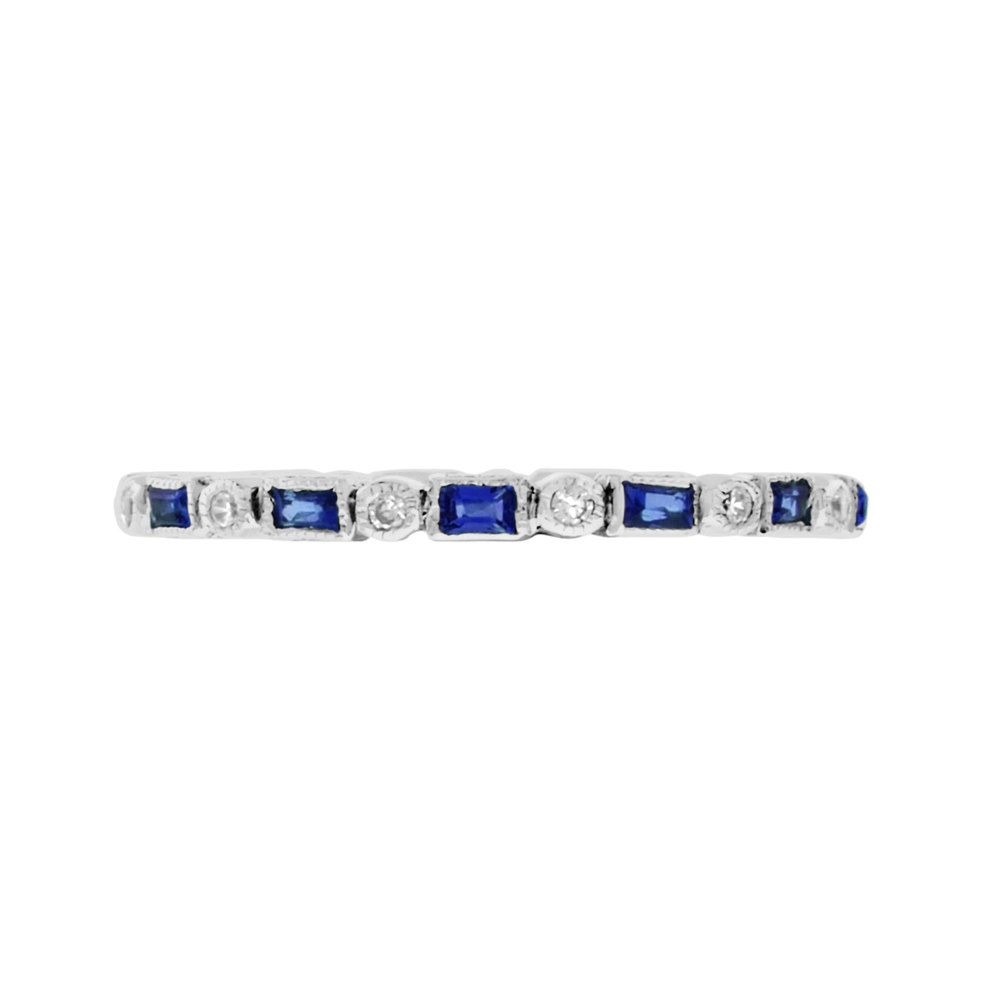 art deco alternate blue sapphire & diamond eternity band 14k white gold ring