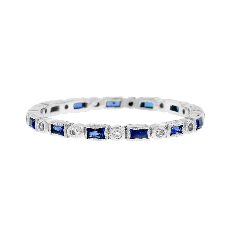 art deco alternate blue sapphire & diamond eternity band 14k white gold ring