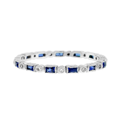 Art Deco Alternate Blue Sapphire & Diamond Eternity Band 14K White Gold Ring