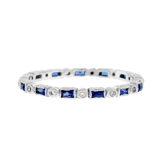 Art Deco Alternate Blue Sapphire & Diamond Eternity Band 14K White Gold Ring