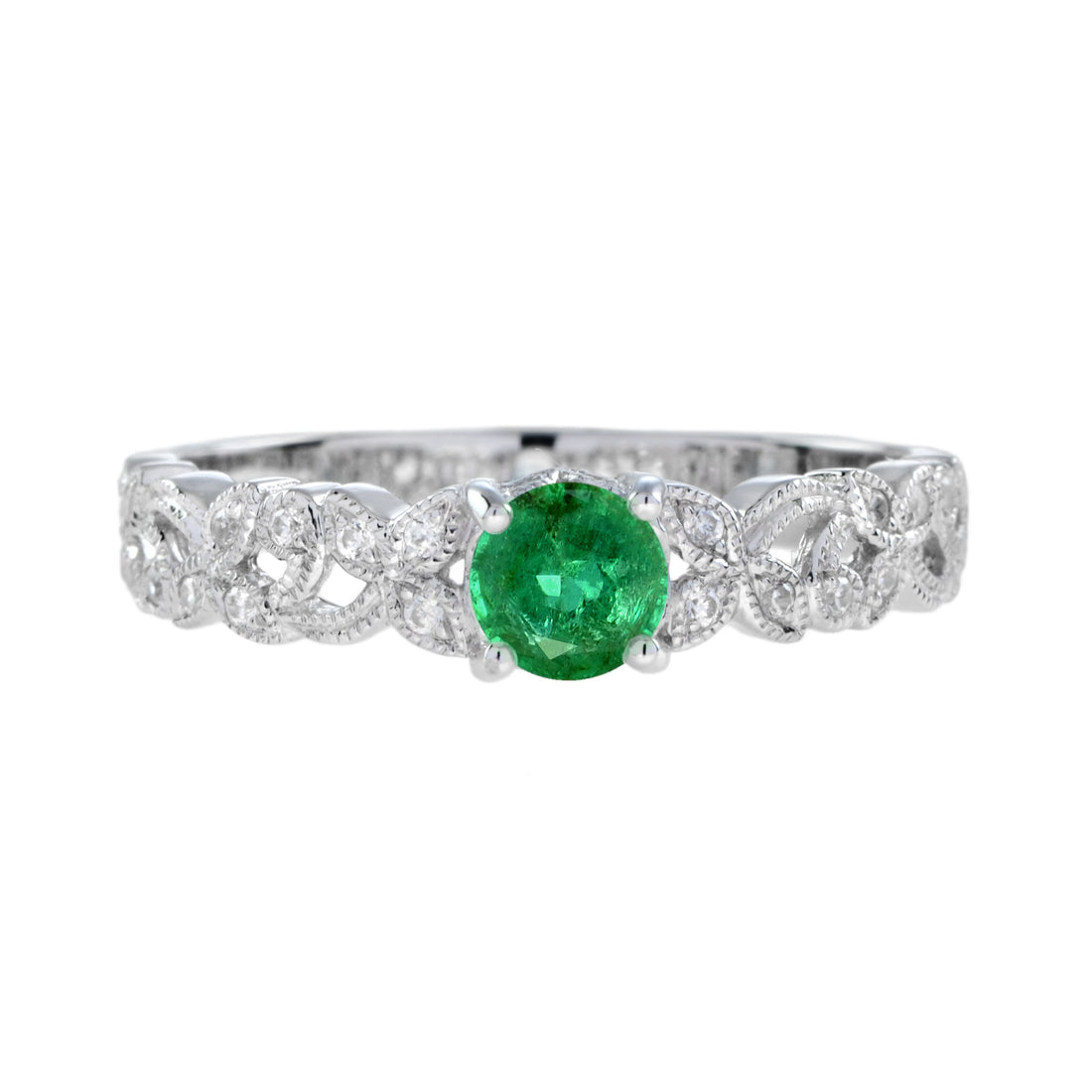 Round Emerald &amp; Diamond Leaves Filigree Band White Gold Ring