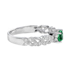 Round Emerald & Diamond Leaves Filigree Band White Gold Ring