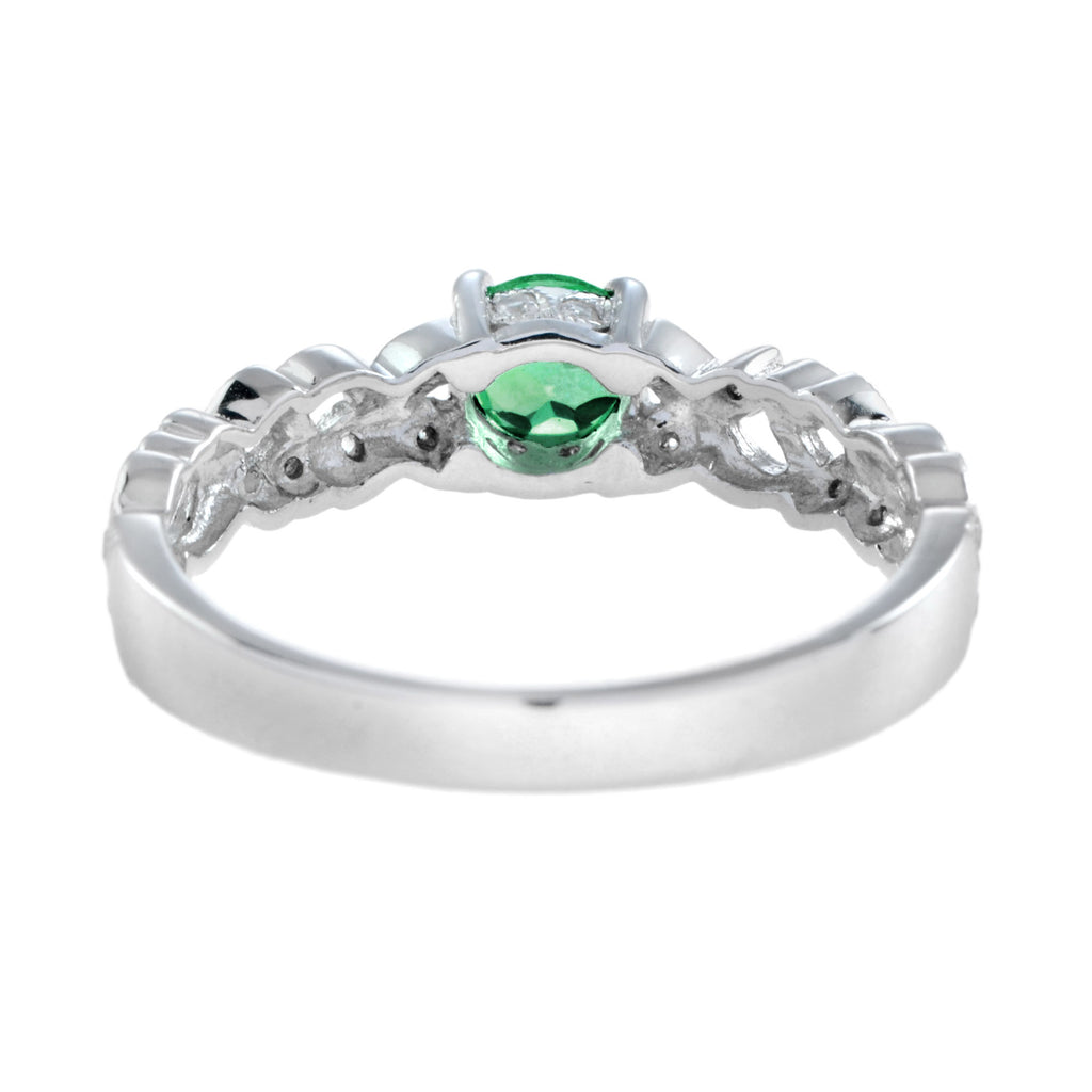 Round Emerald & Diamond Leaves Filigree Band White Gold Ring