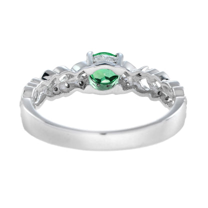 Round Emerald &amp; Diamond Leaves Filigree Band White Gold Ring