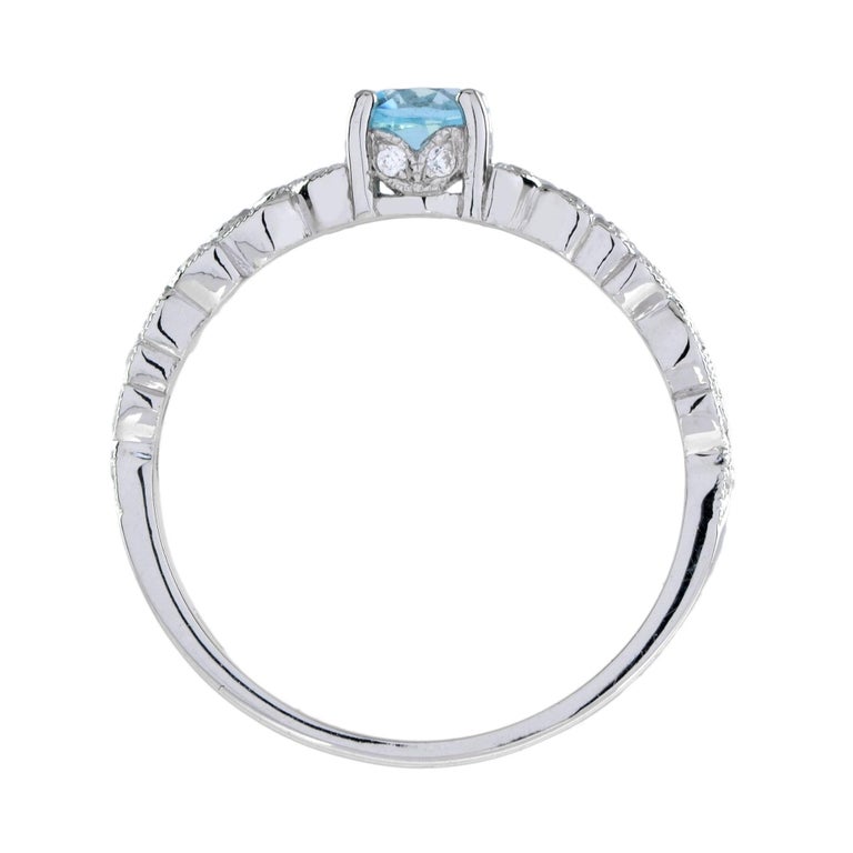One Round Blue Topaz with Diamond Filigree Band Vintage Style White Gold Ring