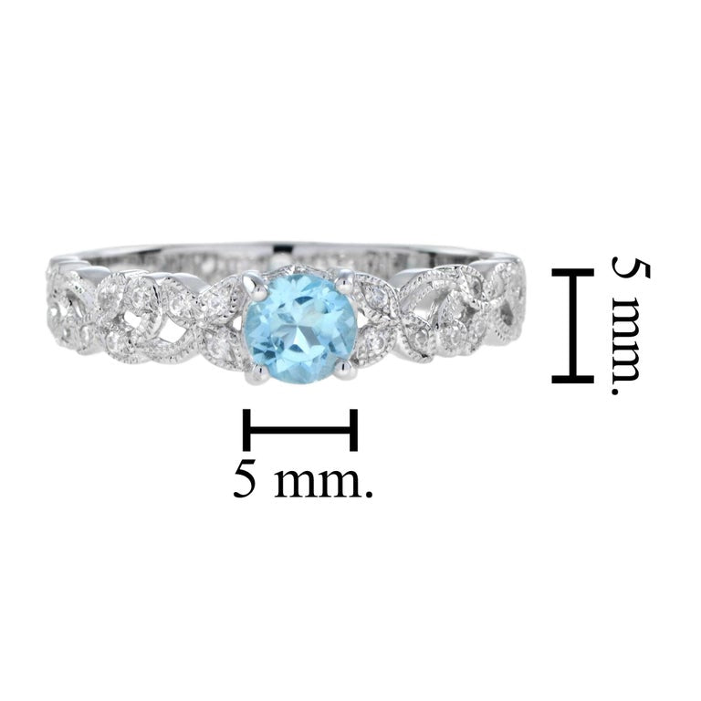 One Round Blue Topaz with Diamond Filigree Band Vintage Style White Gold Ring