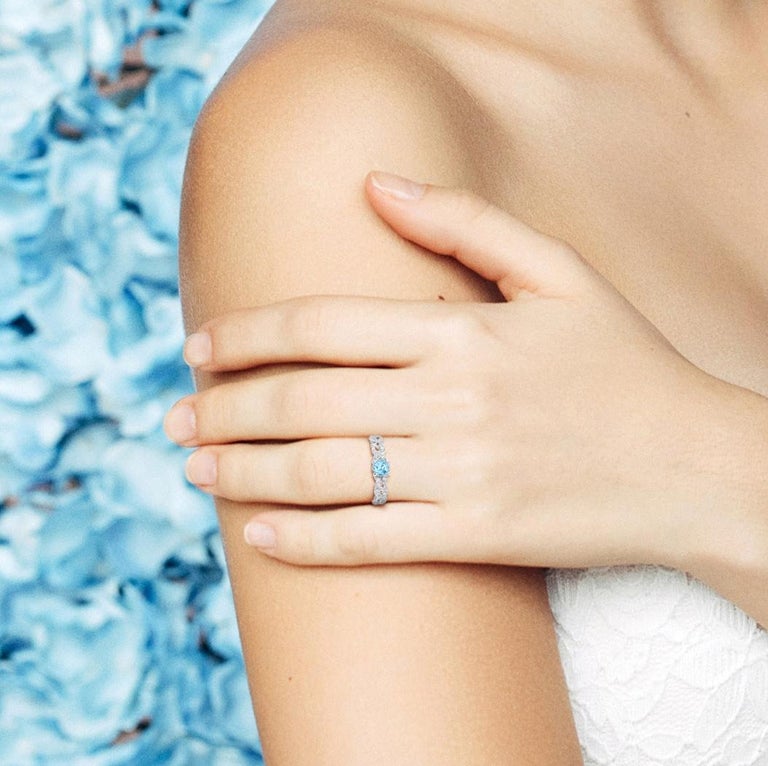 One Round Blue Topaz with Diamond Filigree Band Vintage Style White Gold Ring