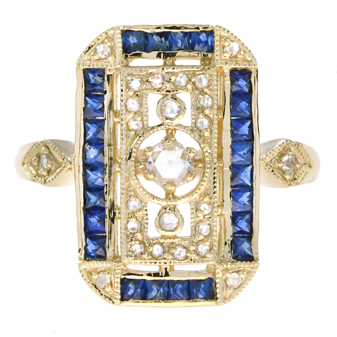 Old Cut Diamond &amp; Blue Sapphire Antique Style Filigree Milgrain Yellow Gold Ring