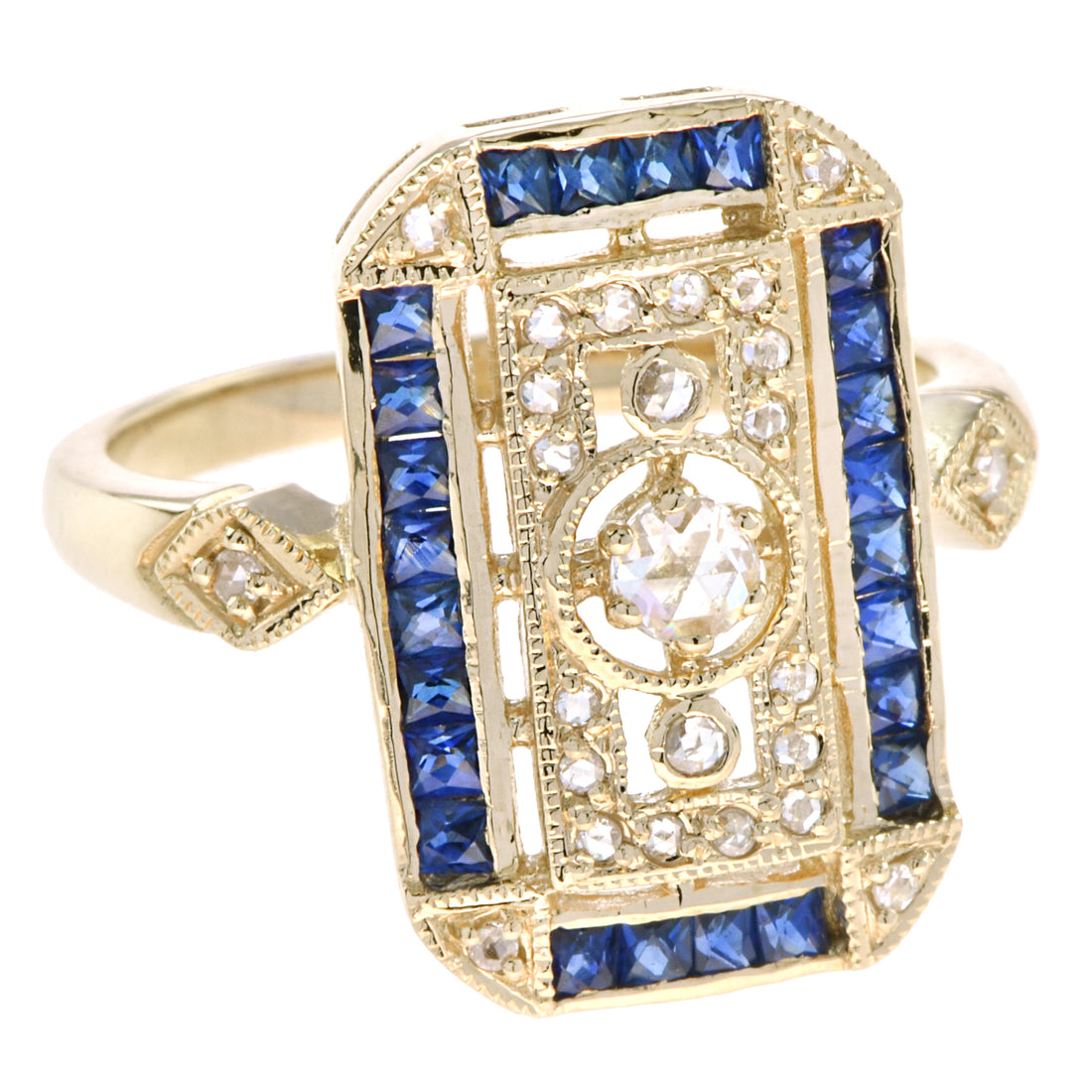 Old Cut Diamond &amp; Blue Sapphire Antique Style Filigree Milgrain Yellow Gold Ring