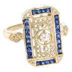 Old Cut Diamond & Blue Sapphire Antique Style Filigree Milgrain Yellow Gold Ring