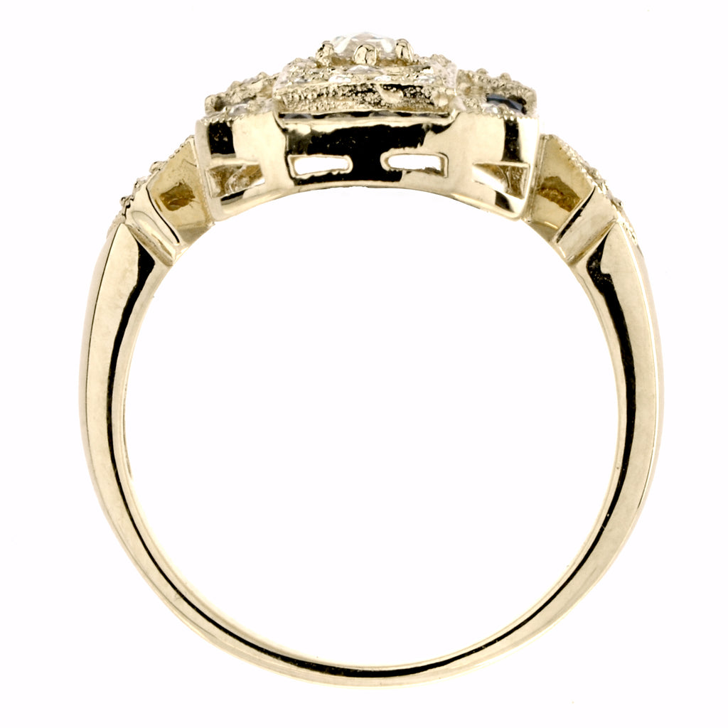 Old Cut Diamond & Blue Sapphire Antique Style Filigree Milgrain Yellow Gold Ring