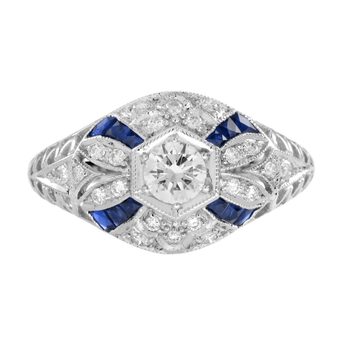 Diamond & Blue Sapphire Art Deco Style 14K White Gold Ring